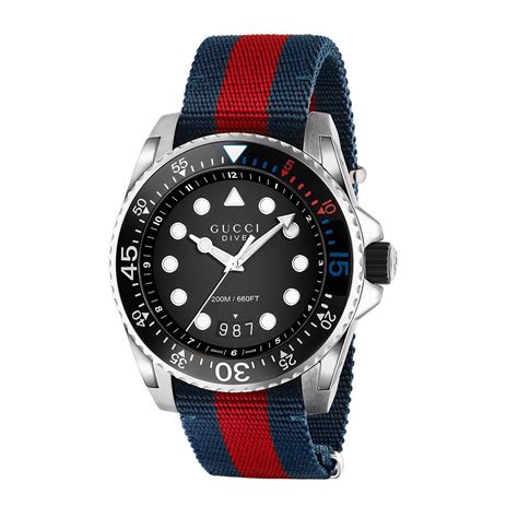 Gucci Dive Stainless Steel Blue & Red Striped Nylon Watch